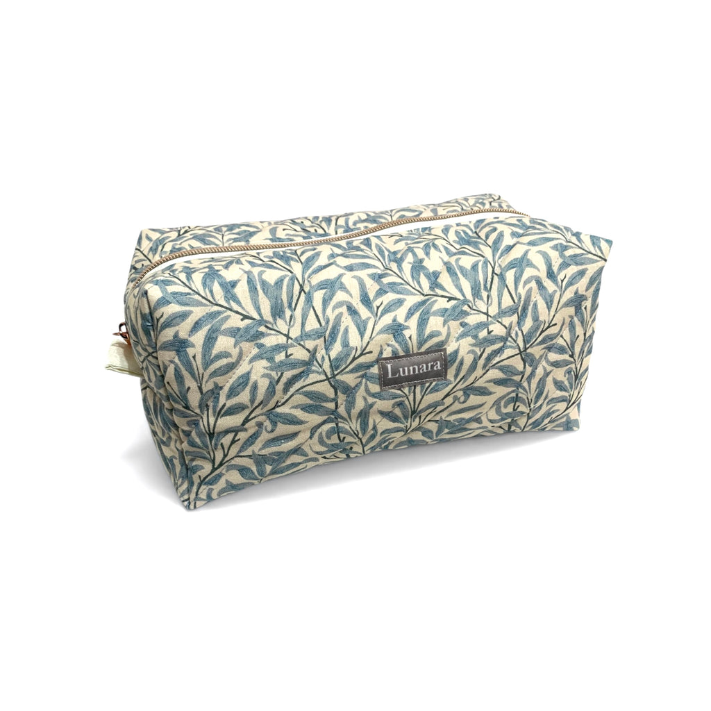 The Everyday Case - Blue Leaf Print Quilted Makeup Bag / Boxy Zip Pouch
