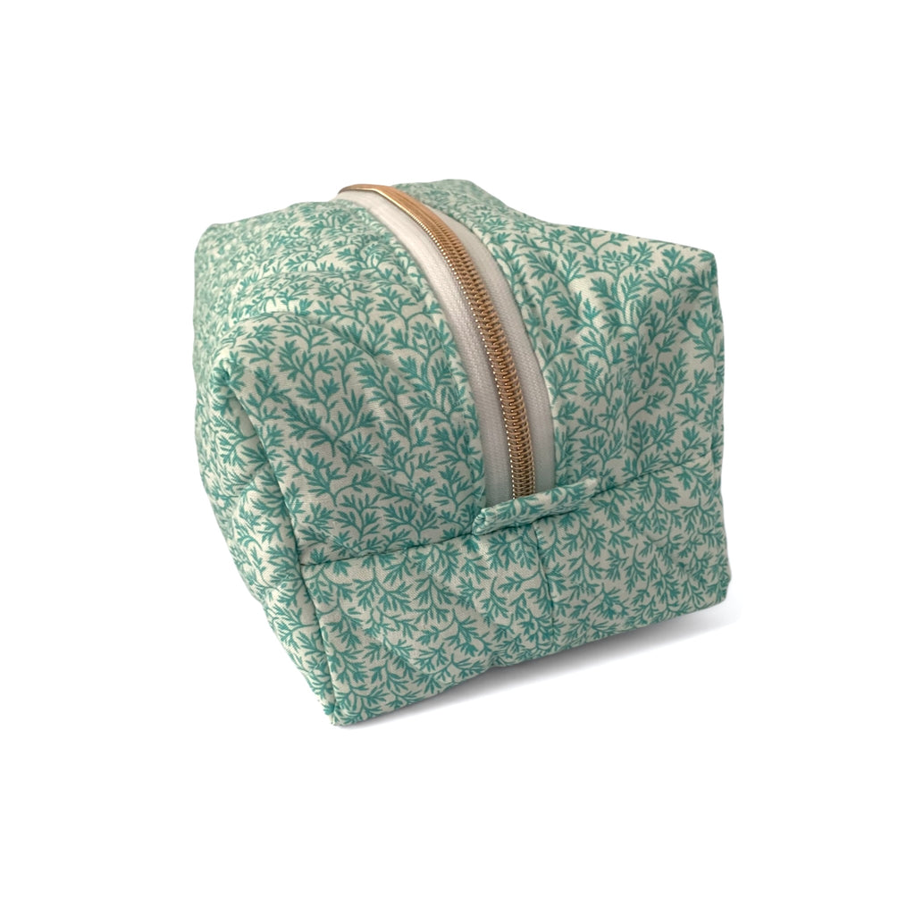 The Everyday Case - Seafoam Green Leaf Print Quilted Makeup Bag / Boxy Zip Pouch