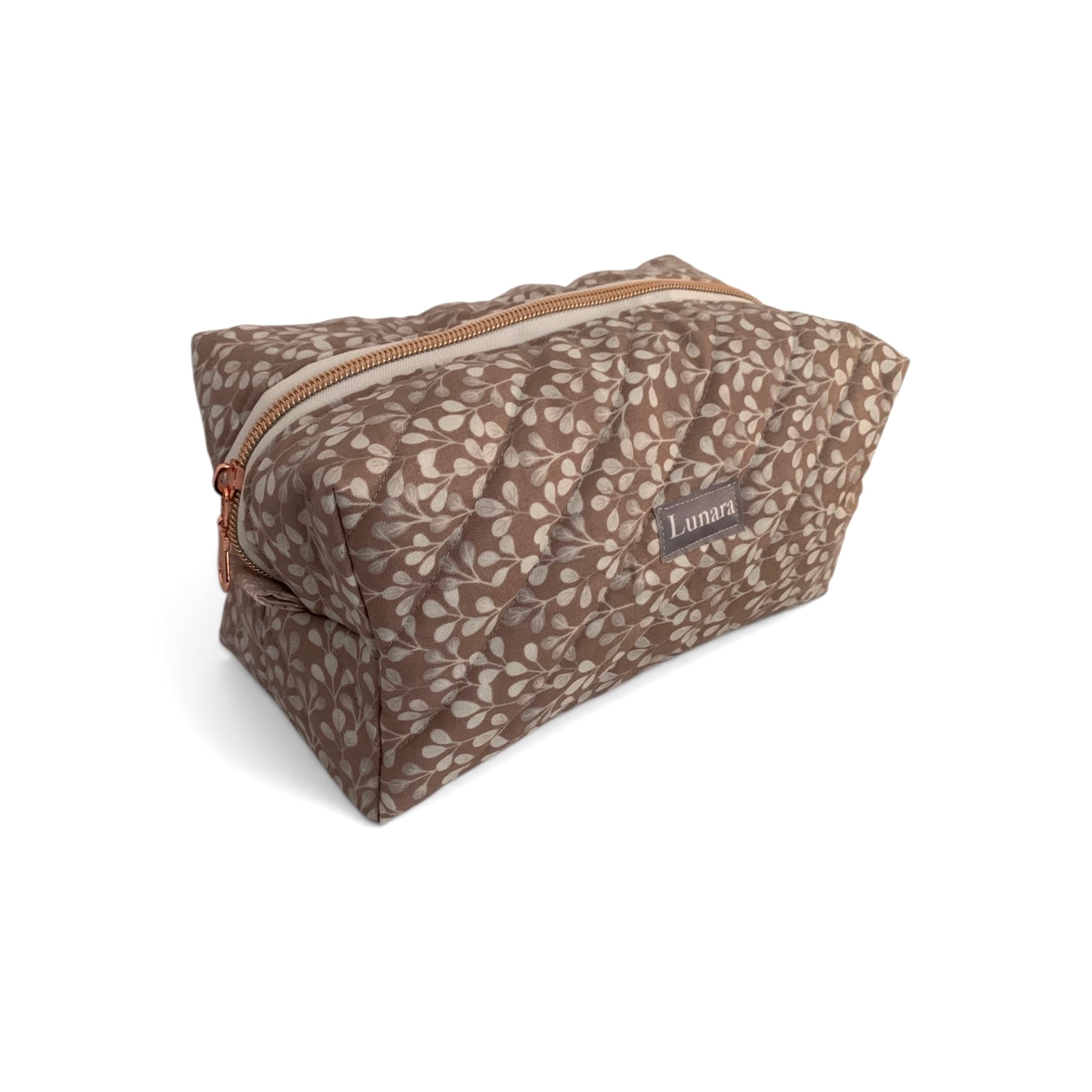 The Everyday Case - Medium - Soft Taupe Floral Quilted Makeup Bag / Boxy Zip Pouch