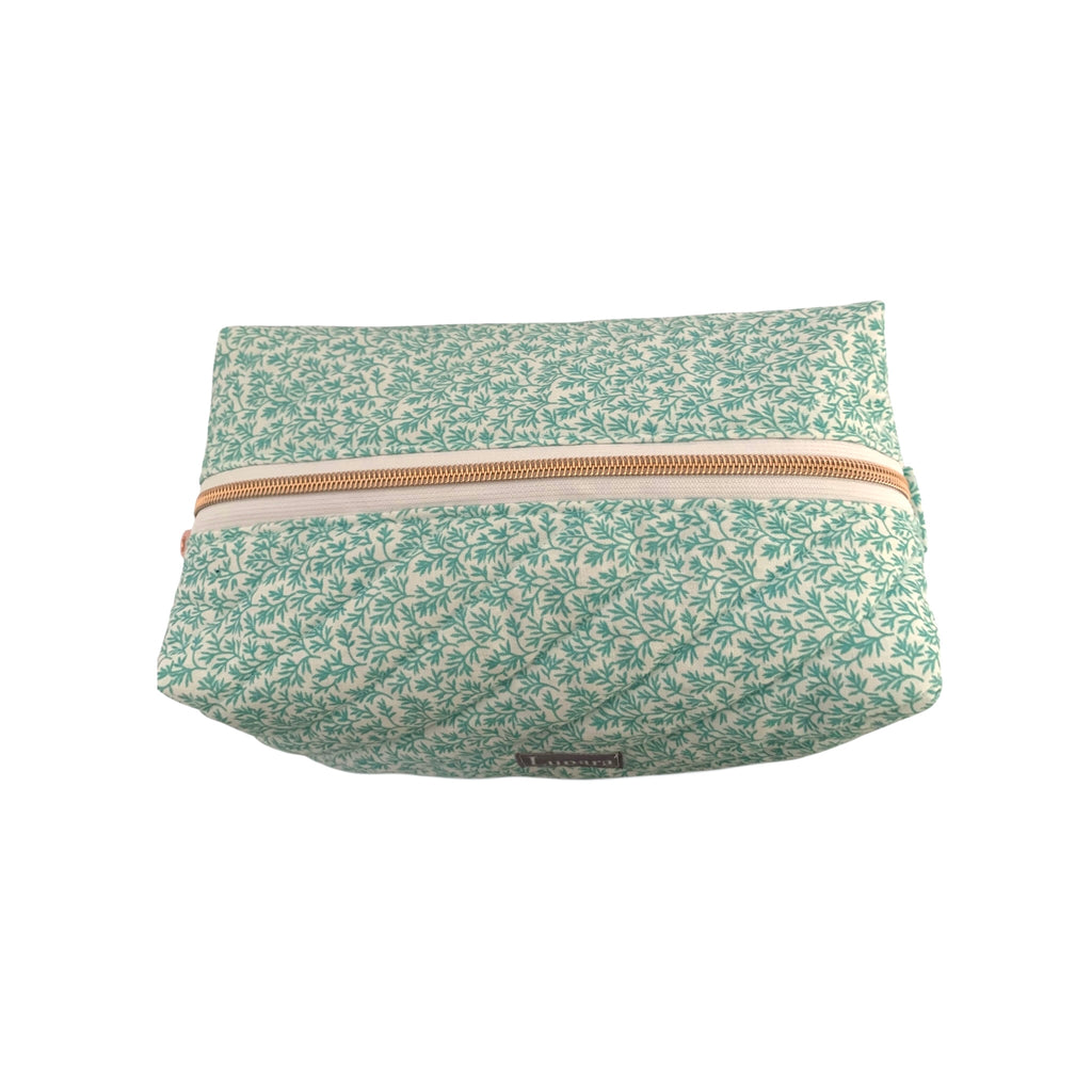 The Everyday Case - Seafoam Green Leaf Print Quilted Makeup Bag / Boxy Zip Pouch