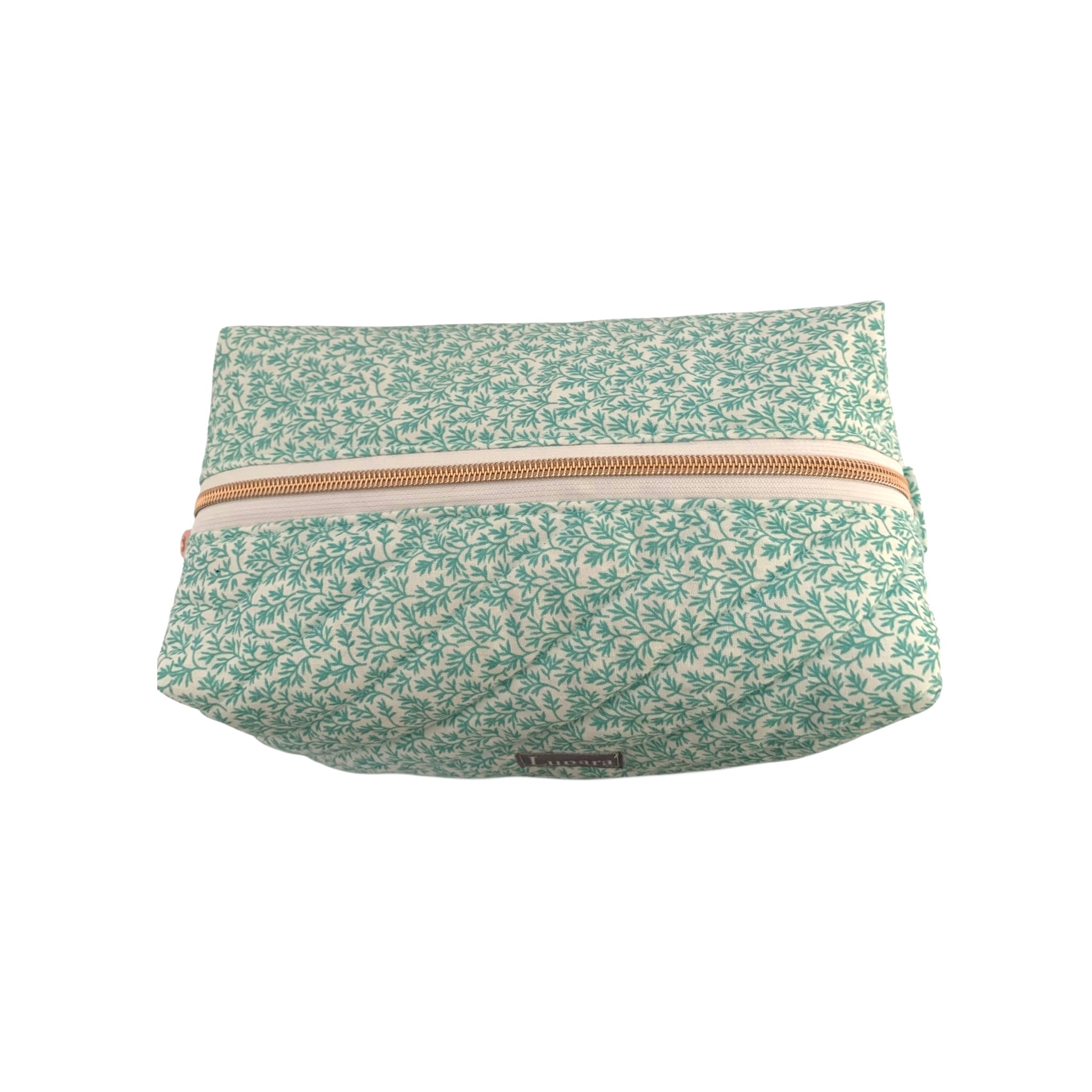 The Everyday Case - Seafoam Green Leaf Print Quilted Makeup Bag / Boxy Zip Pouch