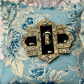 Vintage Art Deco Style Brooch - Silvertone & Rhinestone Geometric Pin - 1980s Art Deco Revival with Fabric Gift Cushion