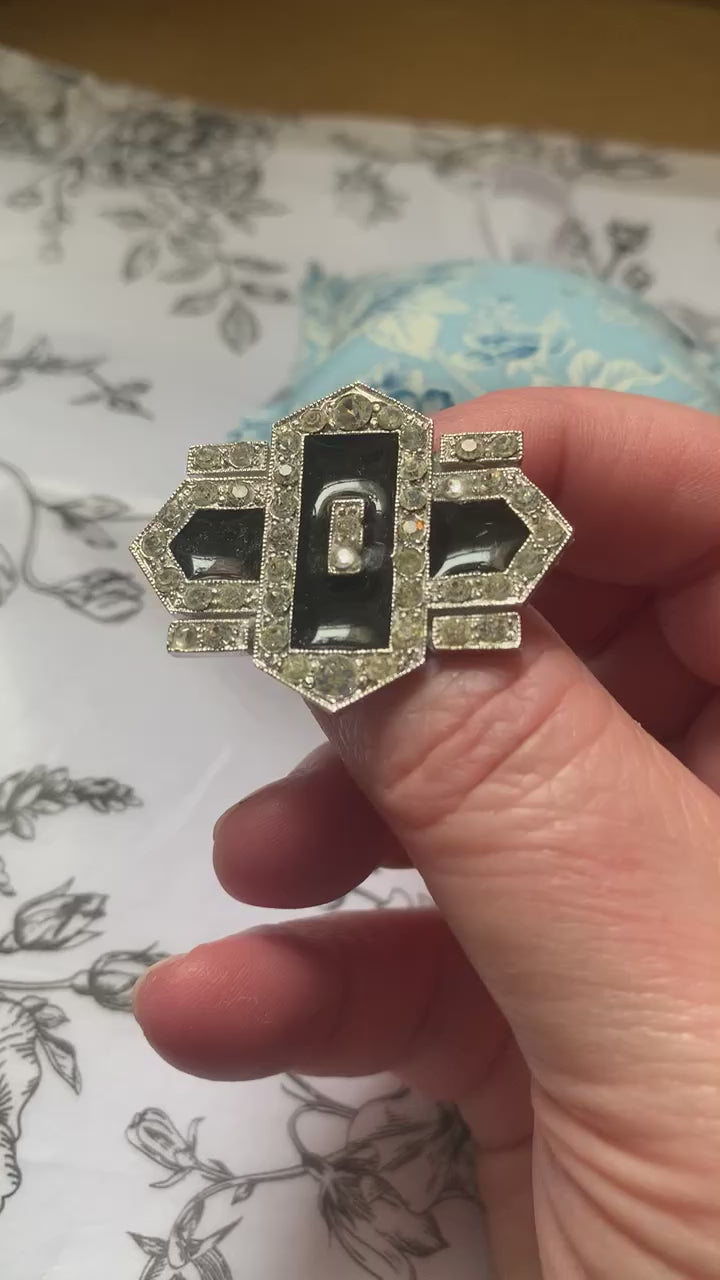 Vintage Art Deco Style Brooch - Silvertone & Rhinestone Geometric Pin - 1980s Art Deco Revival with Fabric Gift Cushion