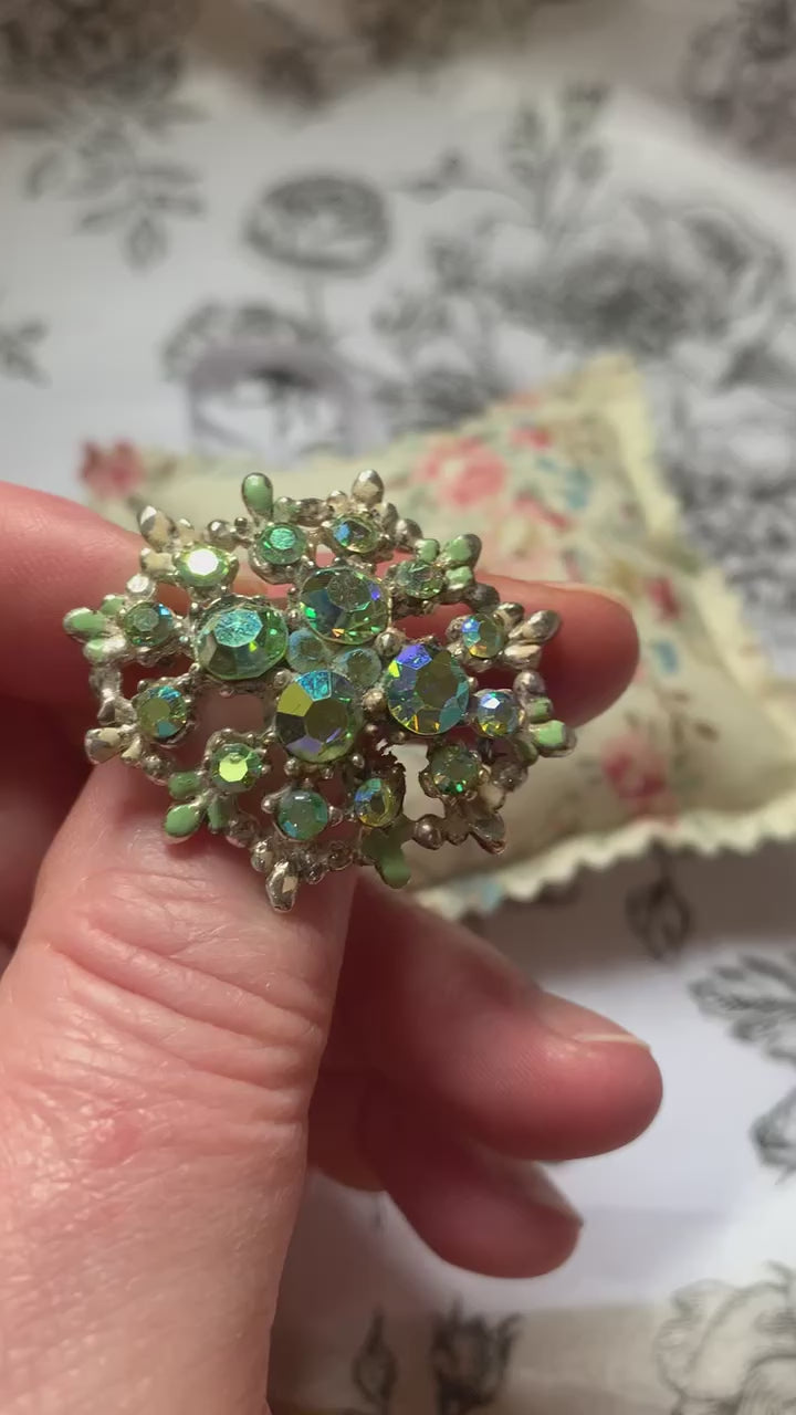 Vintage 1950s Aurora Borealis Rhinestone Brooch, Unsigned Mid Century Iridescent Crystal Flower Pin, Includes Floral Fabric Gift Pillow